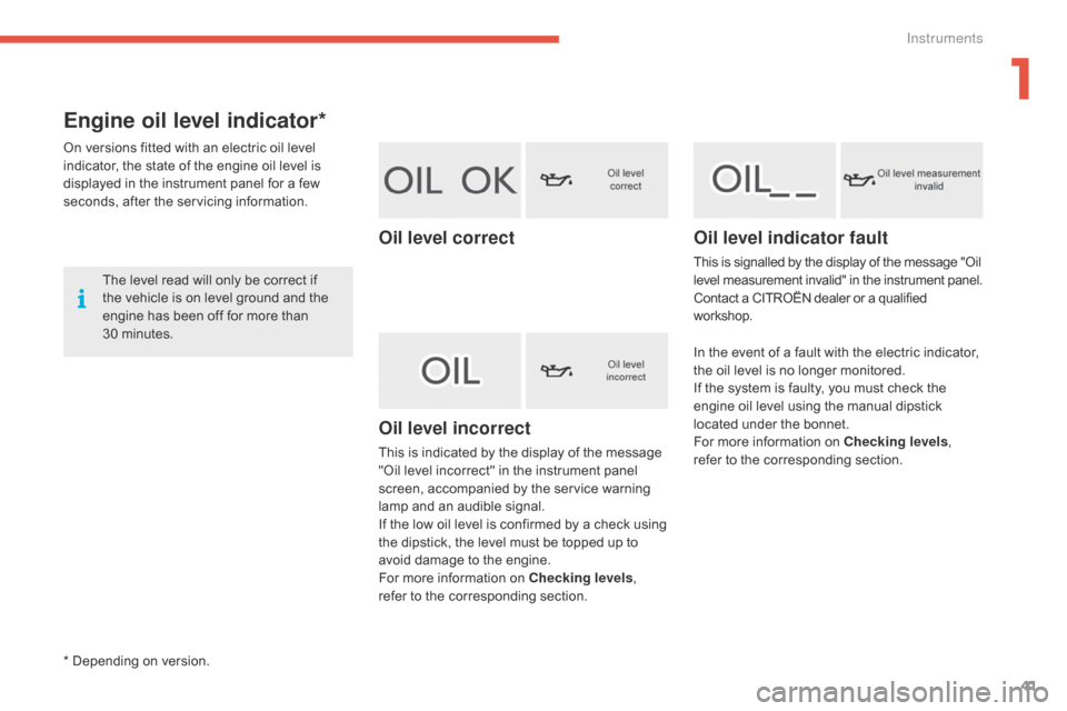 Citroen GRAND C4 PICASSO RHD 2016 2.G Owners Manual 41
Engine oil level indicator*
On versions fitted with an electric oil level indicator,   the   state   of   the   engine   oil   level   is  
d

isplayed   in   the   instrument �