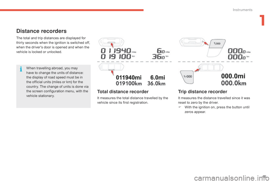 Citroen GRAND C4 PICASSO RHD 2016 2.G Owners Manual 45
Distance recorders
The total and trip distances are displayed for thirty   seconds   when   the   ignition   is   switched   off,  
w

hen   the   drivers   door   is   opened