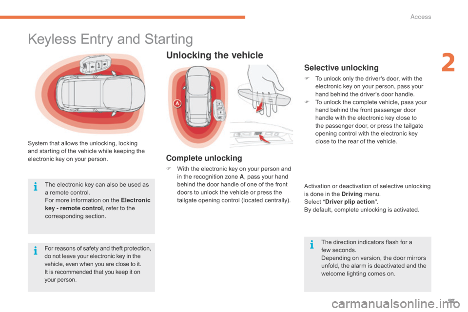 Citroen GRAND C4 PICASSO RHD 2016 2.G Owners Manual 53
System that allows the unlocking, locking and   starting   of   the   vehicle   while   keeping   the  
e

lectronic   key   on   your   person.
For
  reasons   of   safety   