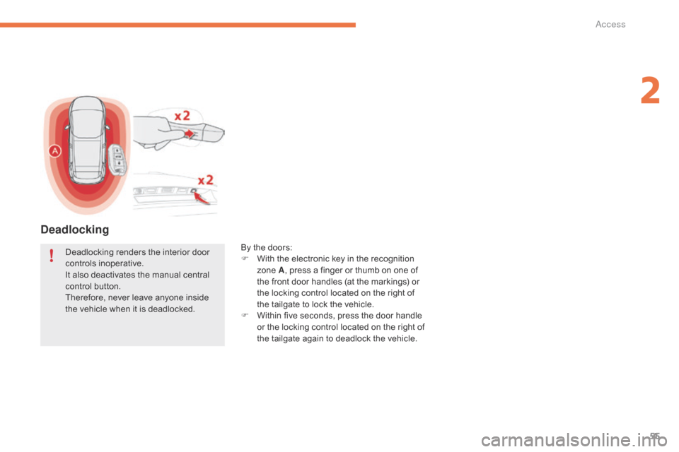 Citroen GRAND C4 PICASSO RHD 2016 2.G User Guide 55
Deadlocking
By the doors:
F  W ith   the   electronic   key   in   the   recognition  
z

one   A,
  press   a   finger   or   thumb   on   one   of  
t

he   front   door   