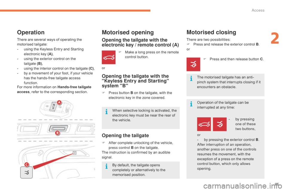 Citroen GRAND C4 PICASSO RHD 2016 2.G Owners Manual 65
or
Opening the tailgate with the 
electronic key / remote control (A)
Opening the tailgate with the 
"Keyless Entry and Starting" 
system "B"
Opening the tailgate
F Make  a   long   press   on