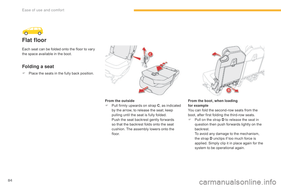 Citroen GRAND C4 PICASSO RHD 2016 2.G Owners Manual 84
Flat floor
Folding a seat
From the outside
F P ull   firmly   upwards   on   strap   C,
  as   indicated  
b

y   the   arrow,   to   release   the   seat;   keep  
p

ulling   un