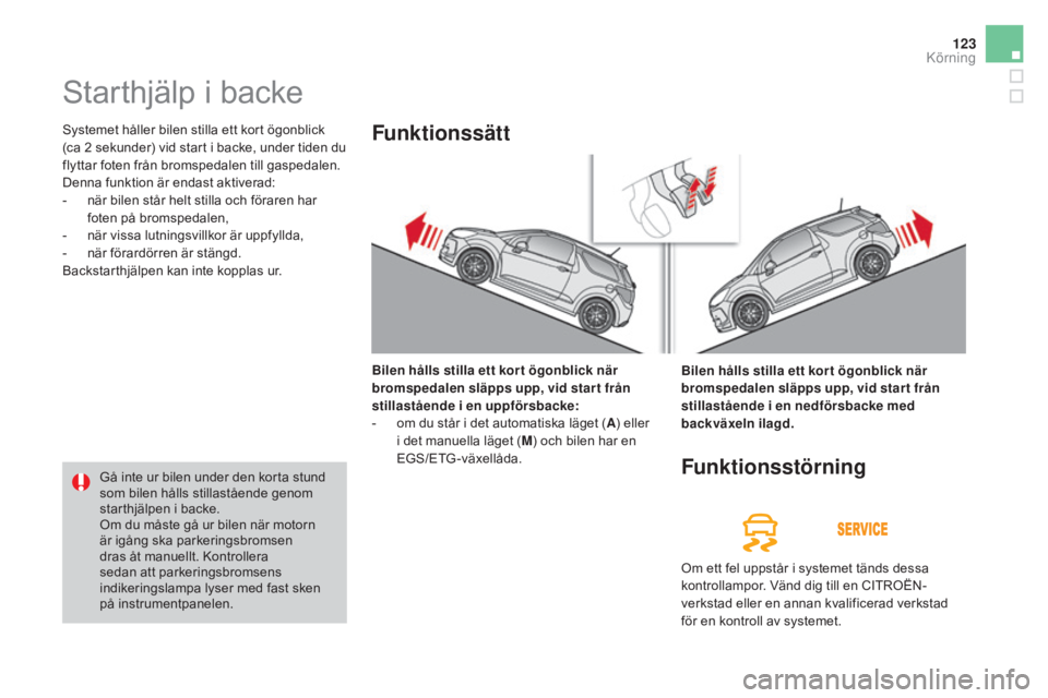 CITROEN DS3 2017 InstruktionsbÖcker (in Swedish) 123
DS3_sv_Chap04_conduite_ed02-2015
Starthjälp i backe
Systemet håller bilen stilla ett kort ögonblick
(ca 2 sekunder) vid start i backe, under tiden du
flyttar foten från bromspedalen till ga CITROEN DS3 2017 InstruktionsbÖcker (in Swedish) 123
DS3_sv_Chap04_conduite_ed02-2015
Starthjälp i backe
Systemet håller bilen stilla ett kort ögonblick
(ca 2 sekunder) vid start i backe, under tiden du
flyttar foten från bromspedalen till ga