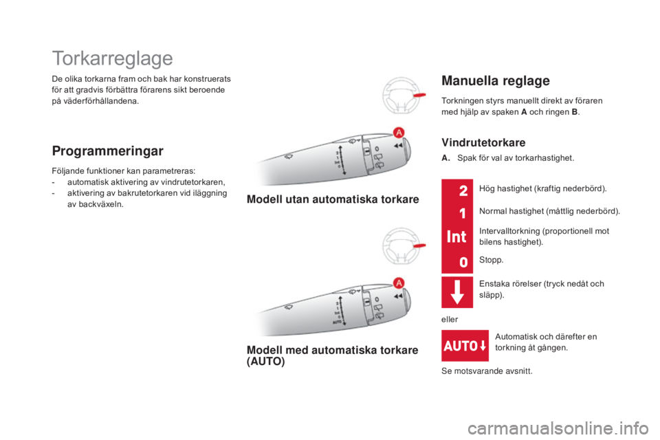CITROEN DS3 2017 InstruktionsbÖcker (in Swedish) DS3_sv_Chap05_visibilite_ed02-2015
De olika torkarna fram och bak har konstruerats
för att gradvis förbättra förarens sikt beroende
på väderförhållandena.
Torkarreglage
Programmeringar
Följ CITROEN DS3 2017 InstruktionsbÖcker (in Swedish) DS3_sv_Chap05_visibilite_ed02-2015
De olika torkarna fram och bak har konstruerats
för att gradvis förbättra förarens sikt beroende
på väderförhållandena.
Torkarreglage
Programmeringar
Följ