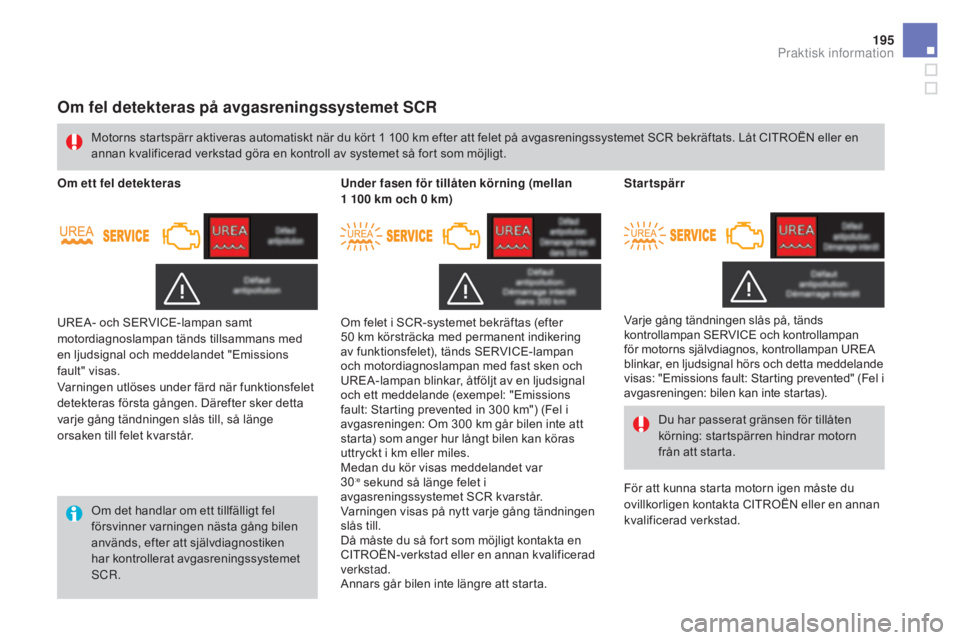 CITROEN DS3 2017 InstruktionsbÖcker (in Swedish) 195
DS3_sv_Chap08_info-pratiques_ed02-2015
om fel detekteras på avgasreningssystemet SCR
Om det handlar om ett tillfälligt fel
försvinner varningen nästa gång bilen
används, efter att självdi CITROEN DS3 2017 InstruktionsbÖcker (in Swedish) 195
DS3_sv_Chap08_info-pratiques_ed02-2015
om fel detekteras på avgasreningssystemet SCR
Om det handlar om ett tillfälligt fel
försvinner varningen nästa gång bilen
används, efter att självdi
