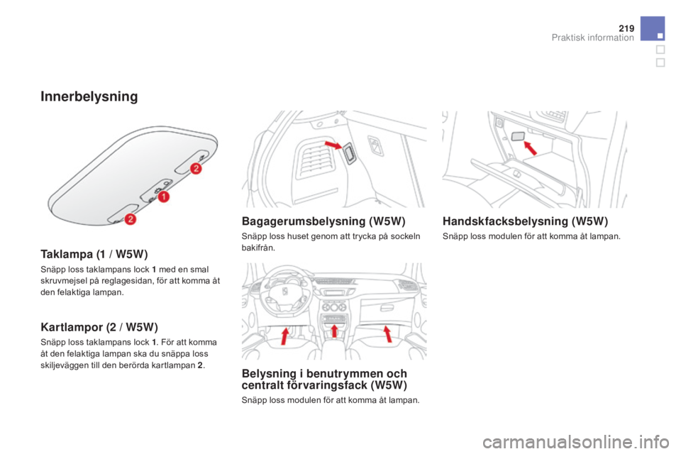 CITROEN DS3 2017 InstruktionsbÖcker (in Swedish) 219
DS3_sv_Chap08_info-pratiques_ed02-2015
Innerbelysning
Taklampa (1 / W5W)
Snäpp loss taklampans lock 1 med en smal
s kruvmejsel på reglagesidan, för att komma åt
den felaktiga lampan.
Kartlam CITROEN DS3 2017 InstruktionsbÖcker (in Swedish) 219
DS3_sv_Chap08_info-pratiques_ed02-2015
Innerbelysning
Taklampa (1 / W5W)
Snäpp loss taklampans lock 1 med en smal
s kruvmejsel på reglagesidan, för att komma åt
den felaktiga lampan.
Kartlam