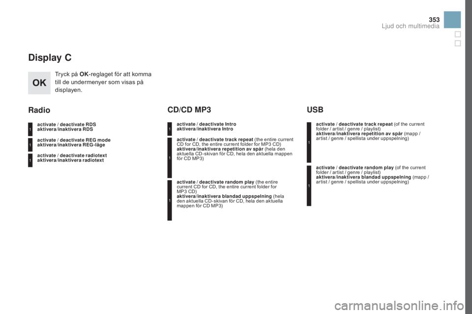 CITROEN DS3 2017  InstruktionsbÖcker (in Swedish) 353
DS3_sv_Chap11d_RD45_ed02-2015
Display C
Tryck på oK- reglaget för att komma 
till de undermenyer som visas på 
displayen.
activate / deactivate RDS
aktivera/inaktivera RDS
activate / deactivate