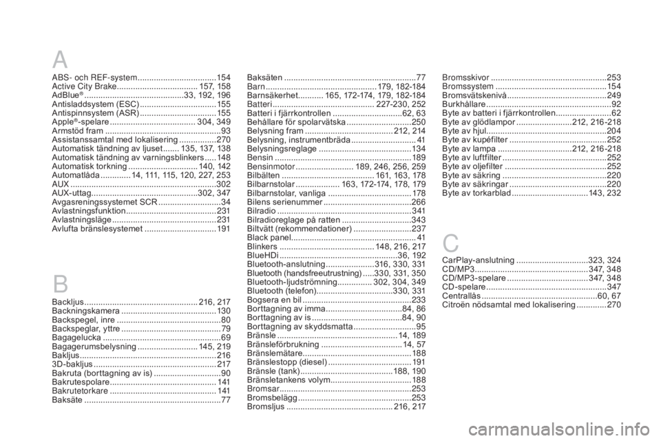 CITROEN DS3 2017 InstruktionsbÖcker (in Swedish) DS3_sv_Chap12_index-recherche_ed02-2015
A
ABS- och REF-system ..................................15 4
Active City Brake ................................... 15
7, 15 8
AdBlue
® ....................... CITROEN DS3 2017 InstruktionsbÖcker (in Swedish) DS3_sv_Chap12_index-recherche_ed02-2015
A
ABS- och REF-system ..................................15 4
Active City Brake ................................... 15
7, 15 8
AdBlue
® .......................