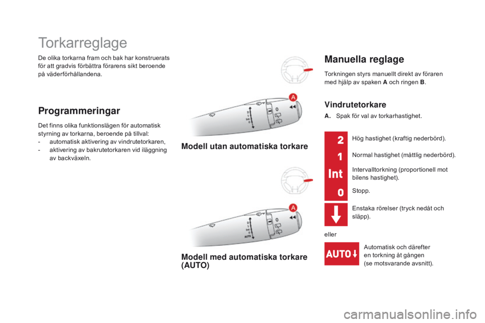 CITROEN DS3 2016 InstruktionsbÖcker (in Swedish) DS3_sv_Chap05_visibilite_ed01-2015
De olika torkarna fram och bak har konstruerats
för att gradvis förbättra förarens sikt beroende
på väderförhållandena.
Torkarreglage
Programmeringar
Det f CITROEN DS3 2016 InstruktionsbÖcker (in Swedish) DS3_sv_Chap05_visibilite_ed01-2015
De olika torkarna fram och bak har konstruerats
för att gradvis förbättra förarens sikt beroende
på väderförhållandena.
Torkarreglage
Programmeringar
Det f