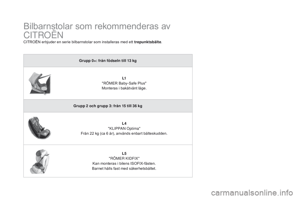 CITROEN DS3 2016 InstruktionsbÖcker (in Swedish) DS3_sv_Chap07_securite-enfants_ed01-2015
Bilbarnstolar som rekommenderas av
CITROËN
CITROËN erbjuder en serie bilbarnstolar som installeras med ett trepunktsbälte.
Grupp 0+: från födseln till 13 CITROEN DS3 2016 InstruktionsbÖcker (in Swedish) DS3_sv_Chap07_securite-enfants_ed01-2015
Bilbarnstolar som rekommenderas av
CITROËN
CITROËN erbjuder en serie bilbarnstolar som installeras med ett trepunktsbälte.
Grupp 0+: från födseln till 13