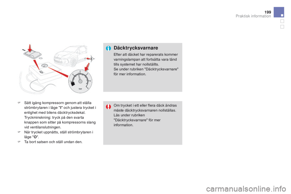 CITROEN DS3 2016 InstruktionsbÖcker (in Swedish) 199
DS3_sv_Chap08_info-pratiques_ed01-2015
F Sätt igång kompressorn genom att ställa strömbrytaren i läge " I" och justera trycket i
enlighet med bilens däcktrycksdekal.
T
ryckminskni CITROEN DS3 2016 InstruktionsbÖcker (in Swedish) 199
DS3_sv_Chap08_info-pratiques_ed01-2015
F Sätt igång kompressorn genom att ställa strömbrytaren i läge " I" och justera trycket i
enlighet med bilens däcktrycksdekal.
T
ryckminskni