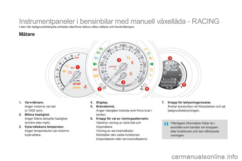 CITROEN DS3 2016 InstruktionsbÖcker (in Swedish) DS3_sv_Chap01_controle-de-marche_ed01-2015
Instrumentpaneler i bensinbilar med manuell växellåda - RACINGI den här bakgrundsbelysta enheten åter finns bilens olika mätare och kontrollampor.
1.
V CITROEN DS3 2016 InstruktionsbÖcker (in Swedish) DS3_sv_Chap01_controle-de-marche_ed01-2015
Instrumentpaneler i bensinbilar med manuell växellåda - RACINGI den här bakgrundsbelysta enheten åter finns bilens olika mätare och kontrollampor.
1.
V