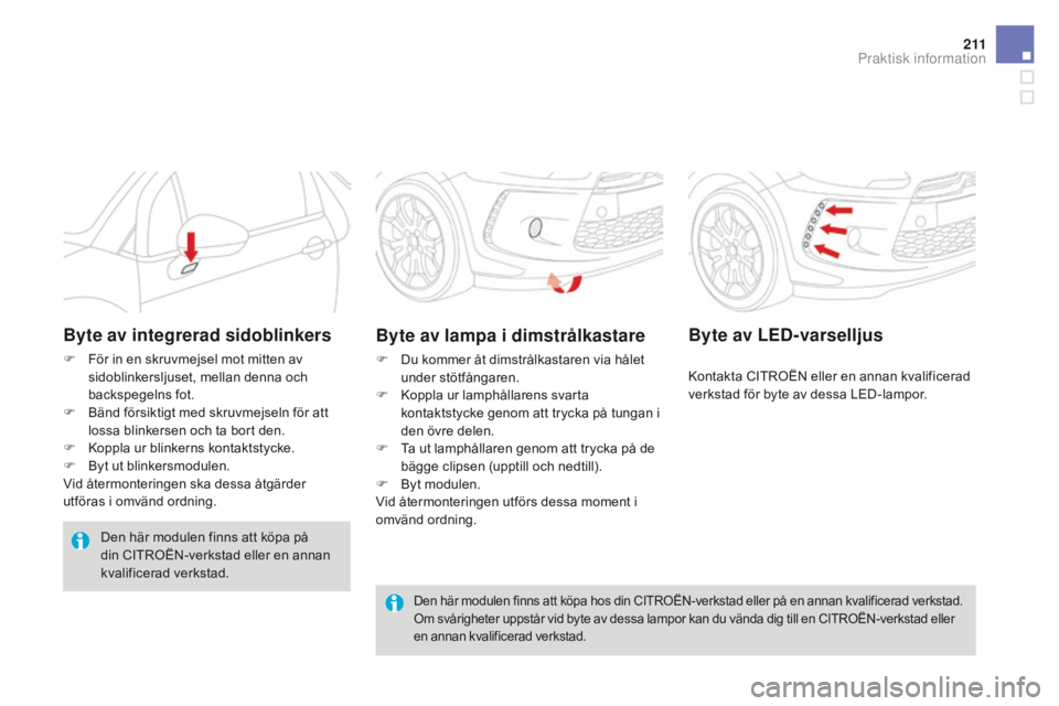 CITROEN DS3 2016 InstruktionsbÖcker (in Swedish) 2 11
DS3_sv_Chap08_info-pratiques_ed01-2015
Den här modulen finns att köpa hos din CITROËN-verkstad eller på en annan kvalificerad verkstad.
Om svårigheter uppstår vid byte av dessa lampor kan d CITROEN DS3 2016 InstruktionsbÖcker (in Swedish) 2 11
DS3_sv_Chap08_info-pratiques_ed01-2015
Den här modulen finns att köpa hos din CITROËN-verkstad eller på en annan kvalificerad verkstad.
Om svårigheter uppstår vid byte av dessa lampor kan d