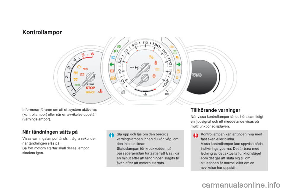 CITROEN DS3 2016 InstruktionsbÖcker (in Swedish) DS3_sv_Chap01_controle-de-marche_ed01-2015
Informerar föraren om att ett system aktiveras
(kontrollampor) eller när en avvikelse uppstår
(varningslampor).
Kontrollampor
Tillhörande varningar
Nä CITROEN DS3 2016 InstruktionsbÖcker (in Swedish) DS3_sv_Chap01_controle-de-marche_ed01-2015
Informerar föraren om att ett system aktiveras
(kontrollampor) eller när en avvikelse uppstår
(varningslampor).
Kontrollampor
Tillhörande varningar
Nä