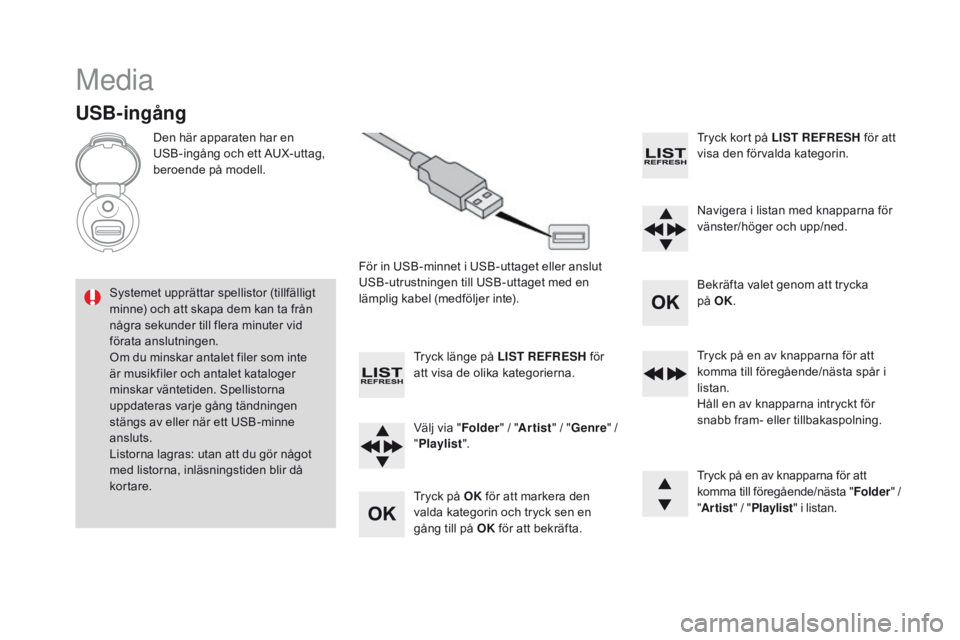 CITROEN DS3 2016 InstruktionsbÖcker (in Swedish) DS3 _ sv_Chap11d _ RD 45 _ ed 01-2015
Media
USB-ingång
Den här apparaten har en
USB-ingång och ett AUX-uttag,
beroende på modell.För in USB-minnet i USB-uttaget eller anslut
USB-utrustningen t CITROEN DS3 2016 InstruktionsbÖcker (in Swedish) DS3 _ sv_Chap11d _ RD 45 _ ed 01-2015
Media
USB-ingång
Den här apparaten har en
USB-ingång och ett AUX-uttag,
beroende på modell.För in USB-minnet i USB-uttaget eller anslut
USB-utrustningen t