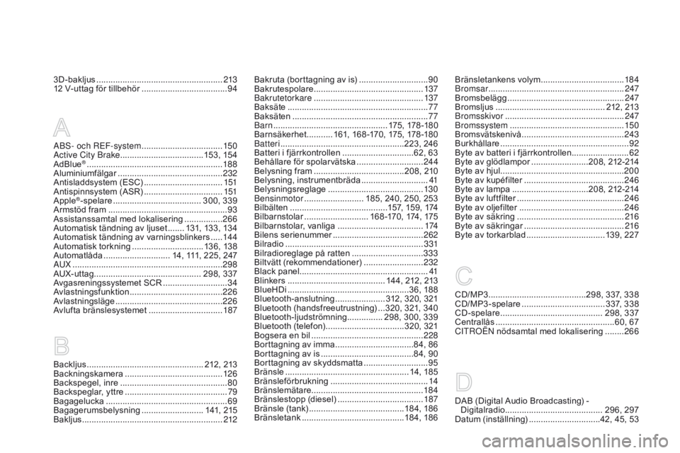 CITROEN DS3 2016 InstruktionsbÖcker (in Swedish) DS3_sv_Chap12_index-recherche_ed01-2015
3D-bakljus .....................................................2 13
12 V-uttag för tillbehör ....................................94
A
BS- och REF-system
. CITROEN DS3 2016 InstruktionsbÖcker (in Swedish) DS3_sv_Chap12_index-recherche_ed01-2015
3D-bakljus .....................................................2 13
12 V-uttag för tillbehör ....................................94
A
BS- och REF-system
.
