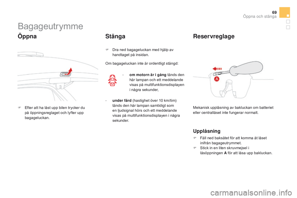 CITROEN DS3 2016  InstruktionsbÖcker (in Swedish) 69
DS3_sv_Chap02_ouvertures_ed01-2015
Bagageutrymme
Öppna
F Efter att ha låst upp bilen trycker du på öppningsreglaget och lyfter upp 
bagageluckan.
Stänga
F Dra ned bagageluckan med hjälp av ha