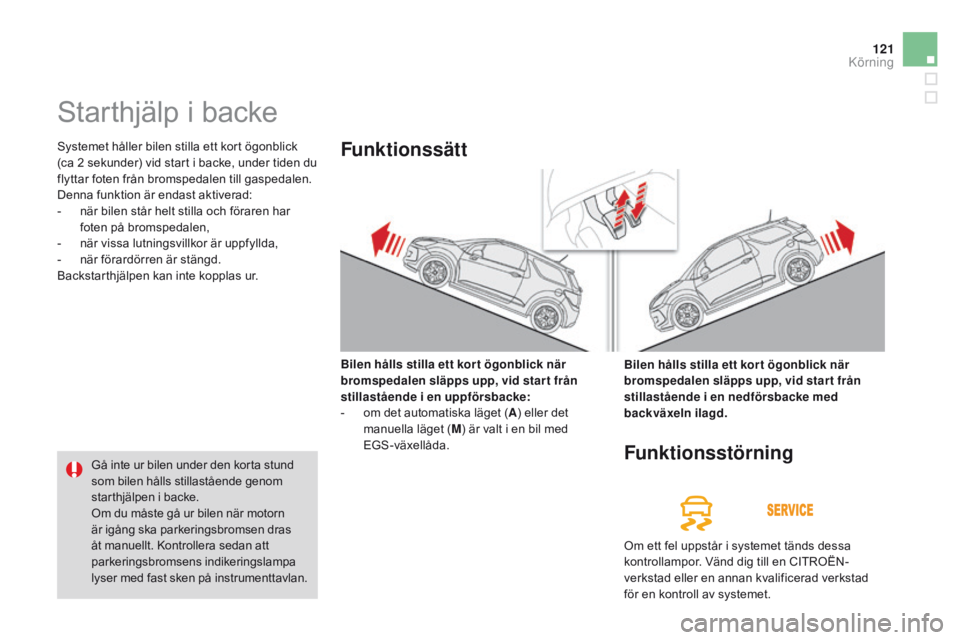 CITROEN DS3 2015 InstruktionsbÖcker (in Swedish) 121
Ds3_sv_Chap06_conduite_ed01-2014
starthjälp i backe
systemet håller bilen stilla ett kort ögonblick
(ca 2 sekunder) vid start i backe, under tiden du
flyttar foten från bromspedalen till gas CITROEN DS3 2015 InstruktionsbÖcker (in Swedish) 121
Ds3_sv_Chap06_conduite_ed01-2014
starthjälp i backe
systemet håller bilen stilla ett kort ögonblick
(ca 2 sekunder) vid start i backe, under tiden du
flyttar foten från bromspedalen till gas