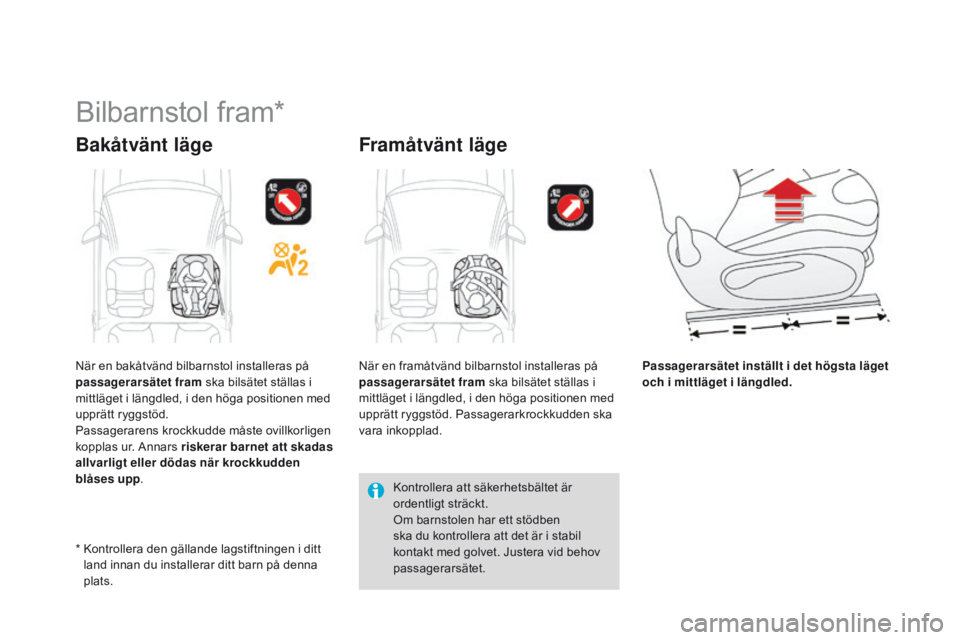 CITROEN DS3 2015 InstruktionsbÖcker (in Swedish) Ds3_sv_Chap09_securite-enfants_ed01-2014
bilbarnstol fram*
Bakåtvänt läge Framåtvänt läge
Passagerarsätet inställt i det högsta läget
och i mittläget i längdled.
*
k
o
ntrollera den g CITROEN DS3 2015 InstruktionsbÖcker (in Swedish) Ds3_sv_Chap09_securite-enfants_ed01-2014
bilbarnstol fram*
Bakåtvänt läge Framåtvänt läge
Passagerarsätet inställt i det högsta läget
och i mittläget i längdled.
*
k
o
ntrollera den g