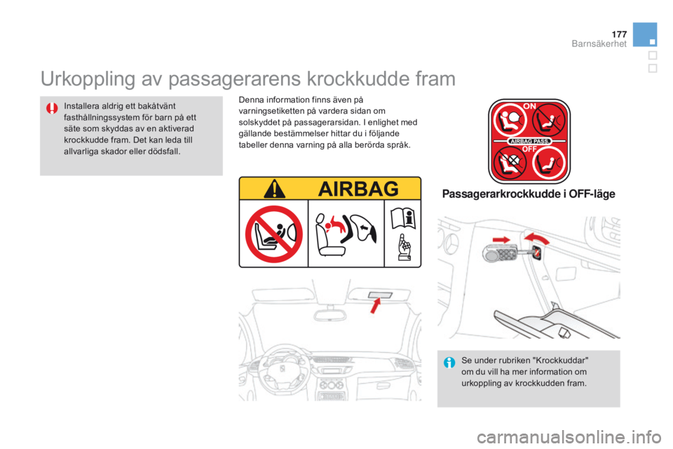 CITROEN DS3 2015 InstruktionsbÖcker (in Swedish) 177
Ds3_sv_Chap09_securite-enfants_ed01-2014
urkoppling av passagerarens krockkudde fram
Installera aldrig ett bakåtvänt
fasthållningssystem för barn på ett
säte som skyddas av en aktiverad
k CITROEN DS3 2015 InstruktionsbÖcker (in Swedish) 177
Ds3_sv_Chap09_securite-enfants_ed01-2014
urkoppling av passagerarens krockkudde fram
Installera aldrig ett bakåtvänt
fasthållningssystem för barn på ett
säte som skyddas av en aktiverad
k