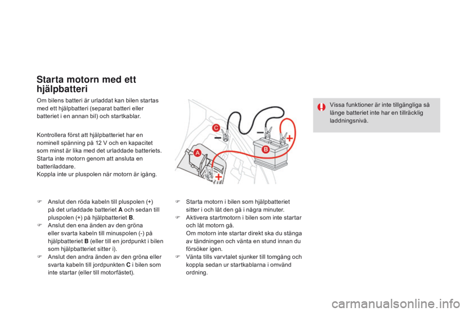 CITROEN DS3 2015 InstruktionsbÖcker (in Swedish) Ds3_sv_Chap10_info-pratiques_ed01-2014
om bilens batteri är urladdat kan bilen startas
med ett hjälpbatteri (separat batteri eller
batteriet i en annan bil) och startkablar.
Starta motorn med ett CITROEN DS3 2015 InstruktionsbÖcker (in Swedish) Ds3_sv_Chap10_info-pratiques_ed01-2014
om bilens batteri är urladdat kan bilen startas
med ett hjälpbatteri (separat batteri eller
batteriet i en annan bil) och startkablar.
Starta motorn med ett