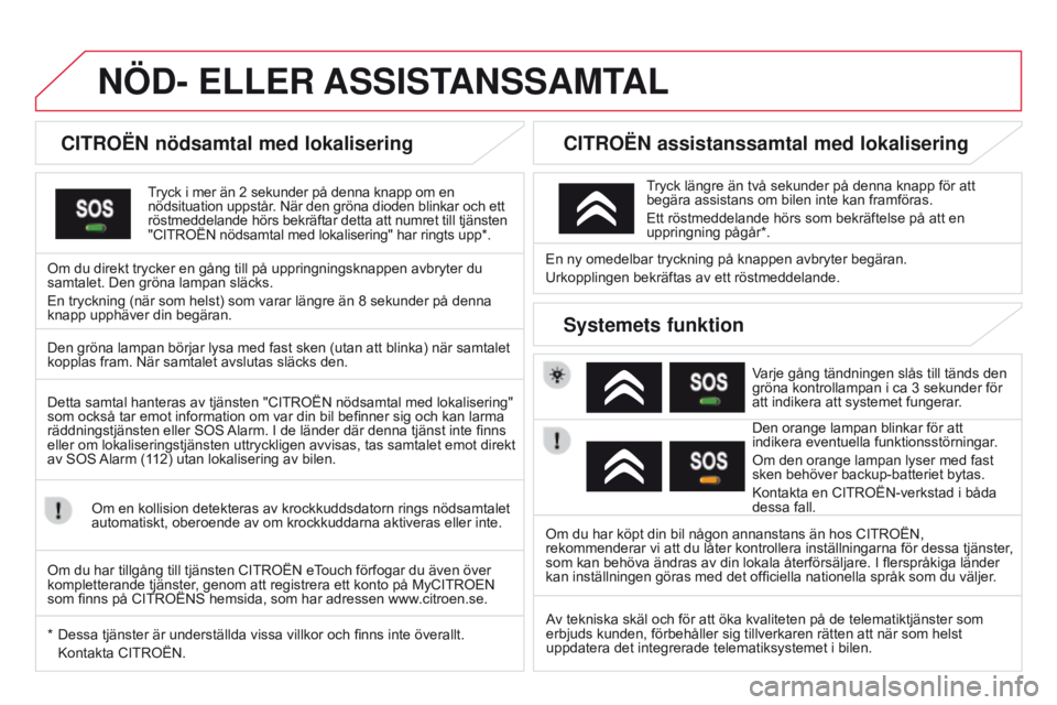 CITROEN DS3 2015  InstruktionsbÖcker (in Swedish) Ds3_sv_Chap13a_btA_ed01-2014
NÖD- ELLER ASSIST ANSSAMTAL
CITROËN nödsamtal med lokalisering
tryck i mer än 2 sekunder på denna knapp om en  
nödsituation uppstår.  n är den gröna dioden blink
