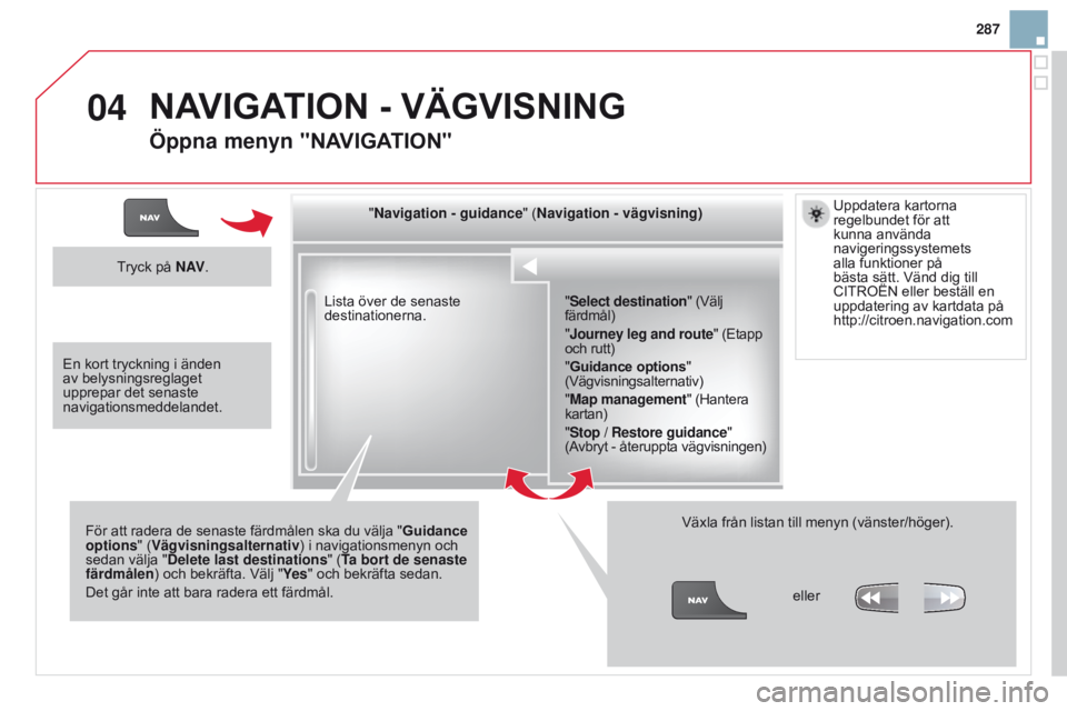 CITROEN DS3 2015 InstruktionsbÖcker (in Swedish) 04
287
Ds3_sv_Chap13b_rt6-2-8_ed01-2014
Lista över de senaste
destinationerna."Navigation - guidance
" (Navigation - vägvisning)
För att radera de senaste färdmålen ska du välja " g CITROEN DS3 2015 InstruktionsbÖcker (in Swedish) 04
287
Ds3_sv_Chap13b_rt6-2-8_ed01-2014
Lista över de senaste
destinationerna."Navigation - guidance
" (Navigation - vägvisning)
För att radera de senaste färdmålen ska du välja " g