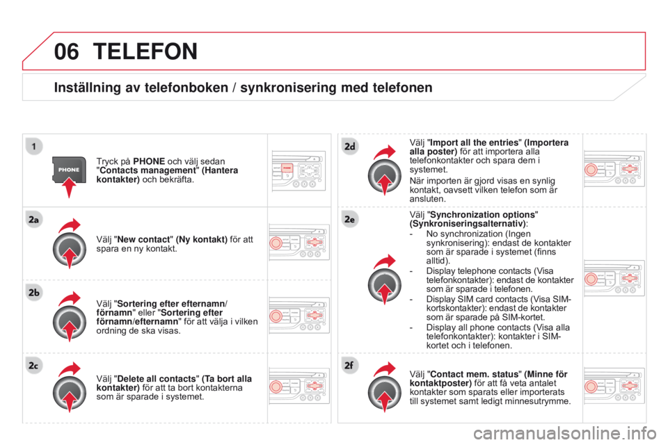 CITROEN DS3 2015 InstruktionsbÖcker (in Swedish) 06
Ds3_sv_Chap13b_rt6-2-8_ed01-2014
TELEFON
Inställning av telefonboken / synkronisering med telefonen
tryck på PHONE och välj sedan
"Contacts management " (Hantera
kontakter) och bekräf CITROEN DS3 2015 InstruktionsbÖcker (in Swedish) 06
Ds3_sv_Chap13b_rt6-2-8_ed01-2014
TELEFON
Inställning av telefonboken / synkronisering med telefonen
tryck på PHONE och välj sedan
"Contacts management " (Hantera
kontakter) och bekräf