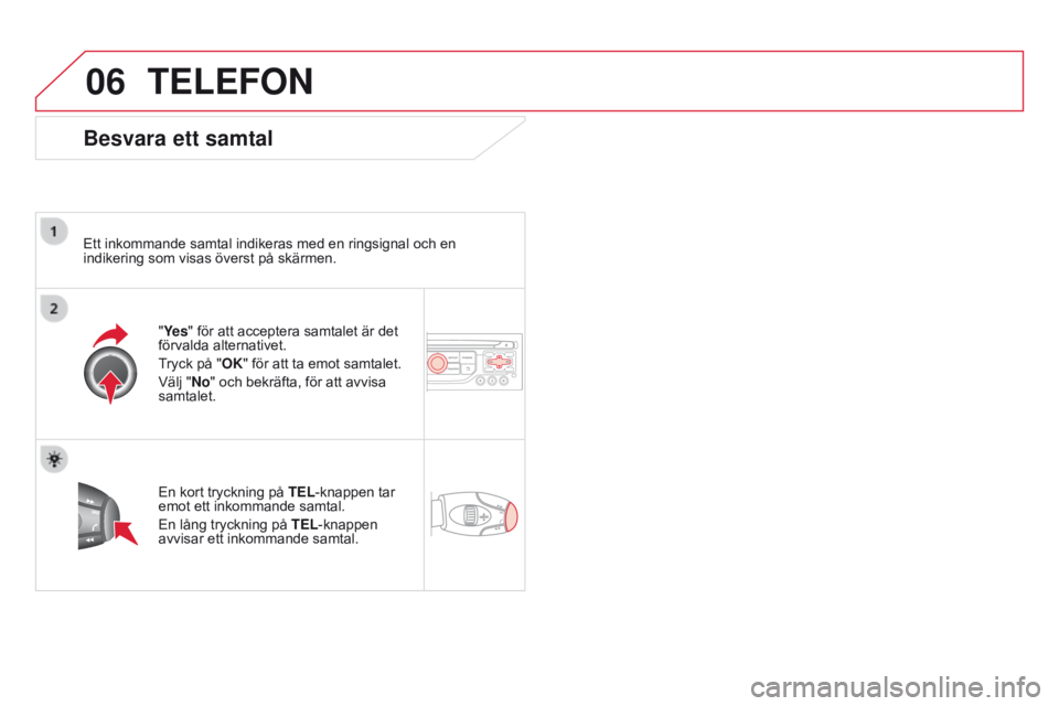 CITROEN DS3 2015  InstruktionsbÖcker (in Swedish) 06
Ds3_sv_Chap13b_rt6-2-8_ed01-2014
TELEFON
Besvara ett samtal
Ett inkommande samtal indikeras med en ringsignal och en 
indikering som visas överst på skärmen."Ye s" för att acceptera sam