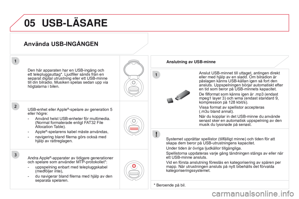 CITROEN DS3 2015 InstruktionsbÖcker (in Swedish) 05
DS3_sv_Chap13c_RD45_ed01_2014
USB-LÄSARE
systemet upprättar spellistor (tillfälligt minne) och tiden för att
skapa dem beror på usb -utrustningens kapacitet.
u
nder tiden är övriga ljudkà CITROEN DS3 2015 InstruktionsbÖcker (in Swedish) 05
DS3_sv_Chap13c_RD45_ed01_2014
USB-LÄSARE
systemet upprättar spellistor (tillfälligt minne) och tiden för att
skapa dem beror på usb -utrustningens kapacitet.
u
nder tiden är övriga ljudkÃ