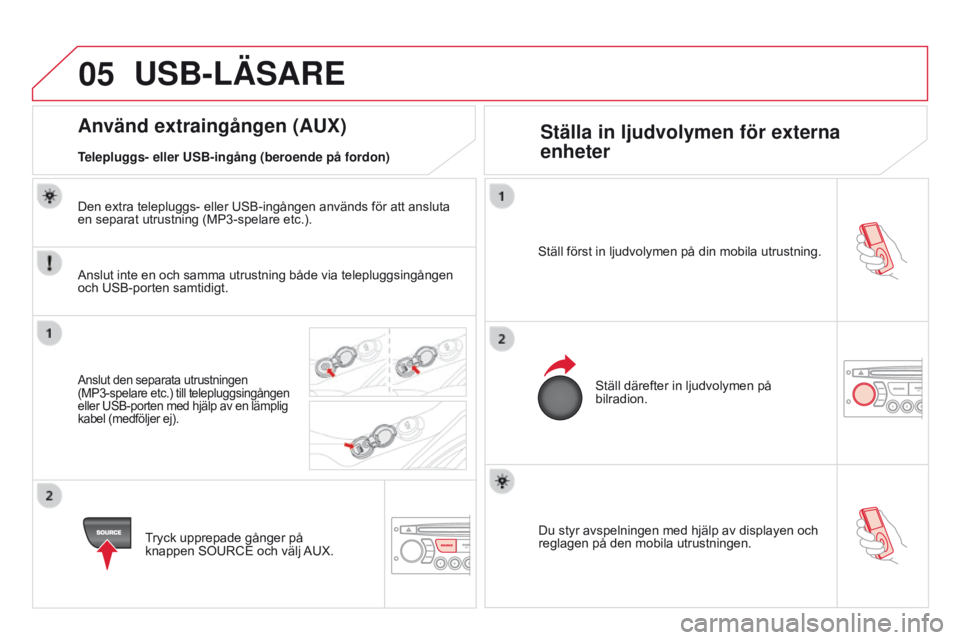 CITROEN DS3 2015 InstruktionsbÖcker (in Swedish) 05
DS3_sv_Chap13c_RD45_ed01_2014
Du styr avspelningen med hjälp av displayen och
reglagen på den mobila utrustningen.
s
täll först in ljudvolymen på din mobila utrustning.
s
täll därefter in CITROEN DS3 2015 InstruktionsbÖcker (in Swedish) 05
DS3_sv_Chap13c_RD45_ed01_2014
Du styr avspelningen med hjälp av displayen och
reglagen på den mobila utrustningen.
s
täll först in ljudvolymen på din mobila utrustning.
s
täll därefter in
