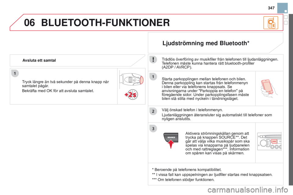 CITROEN DS3 2015 InstruktionsbÖcker (in Swedish) 06
347
DS3_sv_Chap13c_RD45_ed01_2014
starta parkopplingen mellan telefonen och bilen.
Denna parkoppling kan startas från telefonmenyn
i bilen eller via telefonens knappsats.
s e
anvisningarna und CITROEN DS3 2015 InstruktionsbÖcker (in Swedish) 06
347
DS3_sv_Chap13c_RD45_ed01_2014
starta parkopplingen mellan telefonen och bilen.
Denna parkoppling kan startas från telefonmenyn
i bilen eller via telefonens knappsats.
s e
anvisningarna und
