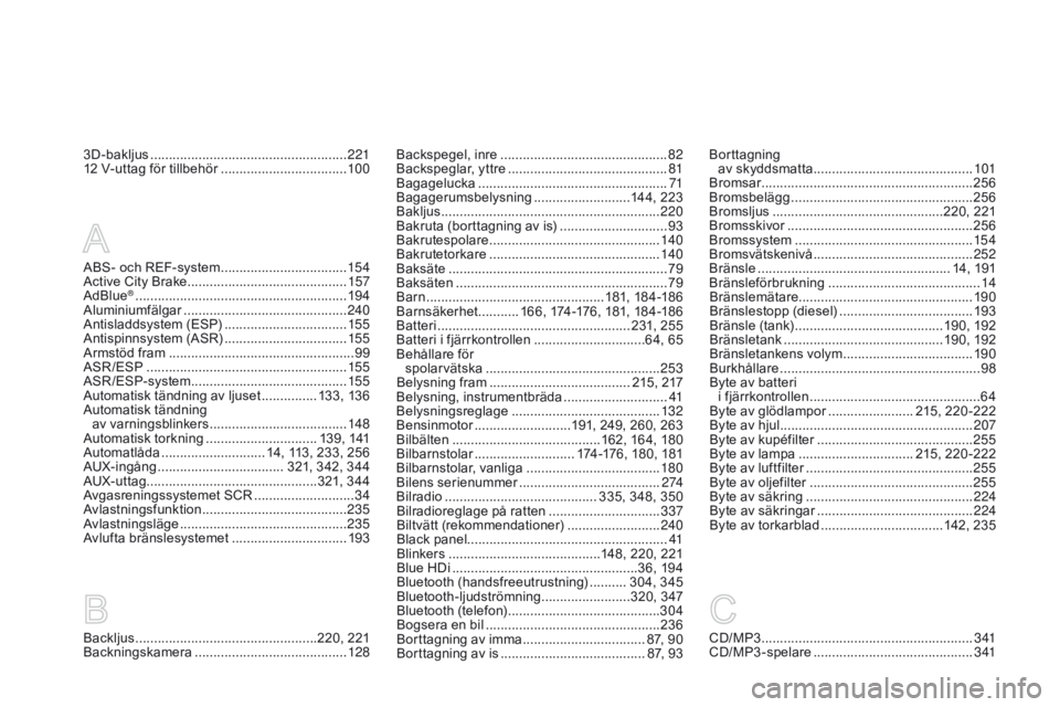 CITROEN DS3 2015 InstruktionsbÖcker (in Swedish) Ds3_sv_Chap14_index-recherche_ed01-2014
3D-bakljus ..................................................... 2 21
12 V-uttag för tillbehör ..................................10
0bo rttagning
av skydds CITROEN DS3 2015 InstruktionsbÖcker (in Swedish) Ds3_sv_Chap14_index-recherche_ed01-2014
3D-bakljus ..................................................... 2 21
12 V-uttag för tillbehör ..................................10
0bo rttagning
av skydds