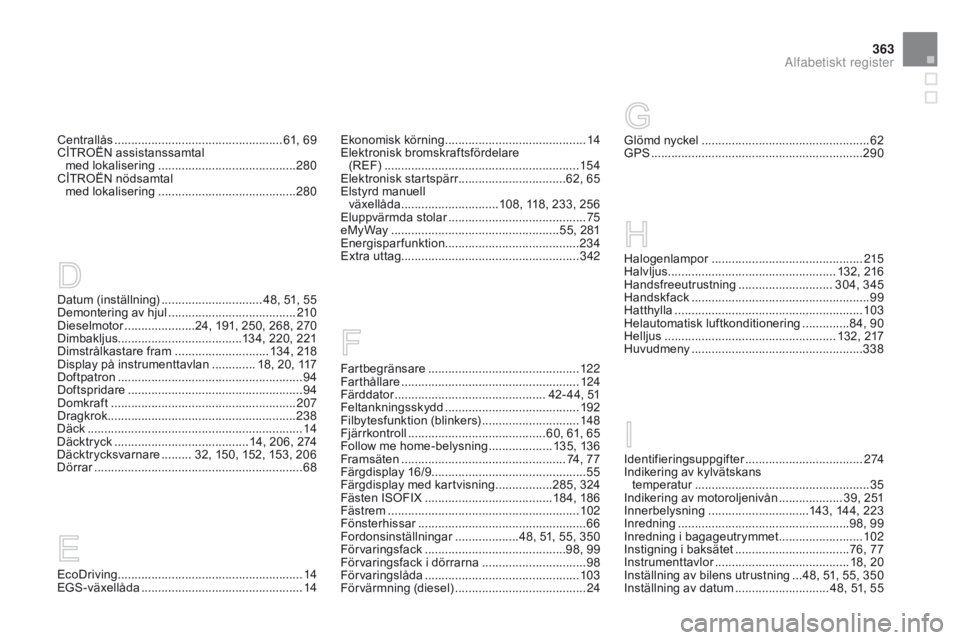 CITROEN DS3 2015 InstruktionsbÖcker (in Swedish) 363
Ds3_sv_Chap14_index-recherche_ed01-2014
Datum (inställning) .............................. 4 8, 51, 55
Demontering av hjul ...................................... 2
10
Dieselmotor
.............. CITROEN DS3 2015 InstruktionsbÖcker (in Swedish) 363
Ds3_sv_Chap14_index-recherche_ed01-2014
Datum (inställning) .............................. 4 8, 51, 55
Demontering av hjul ...................................... 2
10
Dieselmotor
..............