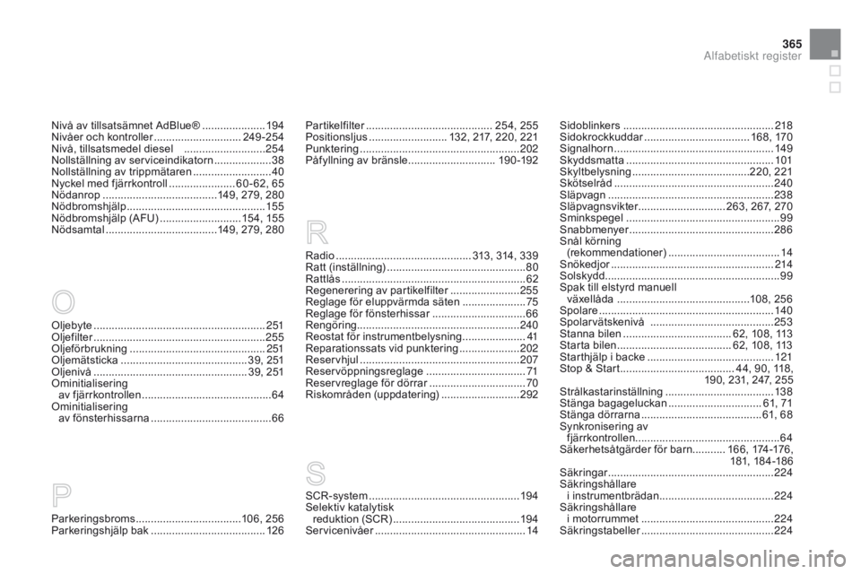 CITROEN DS3 2015 InstruktionsbÖcker (in Swedish) 365
Ds3_sv_Chap14_index-recherche_ed01-2014
oljebyte ............................... ..........................2 51olj
efilter ................ ......................................... 255
olj
eför CITROEN DS3 2015 InstruktionsbÖcker (in Swedish) 365
Ds3_sv_Chap14_index-recherche_ed01-2014
oljebyte ............................... ..........................2 51olj
efilter ................ ......................................... 255
olj
eför