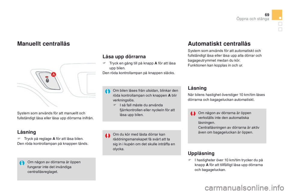CITROEN DS3 2015 InstruktionsbÖcker (in Swedish) 69
Ds3_sv_Chap03_ouvertures_ed01-2014
system som används för att manuellt och
fullständigt låsa eller låsa upp dörrarna inifrån.
Manuellt centrallås
LÃ¥sning
F tryck på reglage A för att l CITROEN DS3 2015 InstruktionsbÖcker (in Swedish) 69
Ds3_sv_Chap03_ouvertures_ed01-2014
system som används för att manuellt och
fullständigt låsa eller låsa upp dörrarna inifrån.
Manuellt centrallås
LÃ¥sning
F tryck på reglage A för att l
