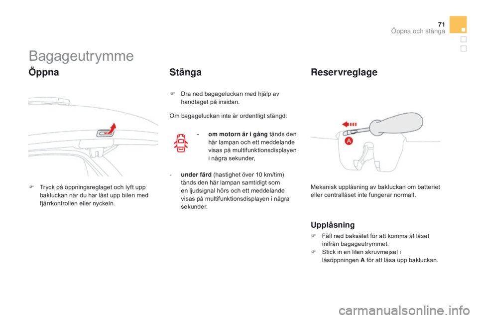 CITROEN DS3 2015 InstruktionsbÖcker (in Swedish) 71
Ds3_sv_Chap03_ouvertures_ed01-2014
bagageutrymme
Öppna
F tryck på öppningsreglaget och lyft upp
bakluckan när du har låst upp bilen med
fjärrkontrollen eller nyckeln.
Stänga
F Dra ned bag CITROEN DS3 2015 InstruktionsbÖcker (in Swedish) 71
Ds3_sv_Chap03_ouvertures_ed01-2014
bagageutrymme
Öppna
F tryck på öppningsreglaget och lyft upp
bakluckan när du har låst upp bilen med
fjärrkontrollen eller nyckeln.
Stänga
F Dra ned bag