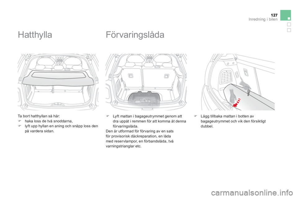 CITROEN DS3 2014  InstruktionsbÖcker (in Swedish) Inredning i bilen
   
Ta bort hatthyllan så här:�)haka loss de två snoddarna,�)lyft upp hyllan en aning och snäpp loss den på vardera sidan.  
 
 
 
 
 
 
 
Hatthylla 
�) 
 Lyft mattan i bagageut