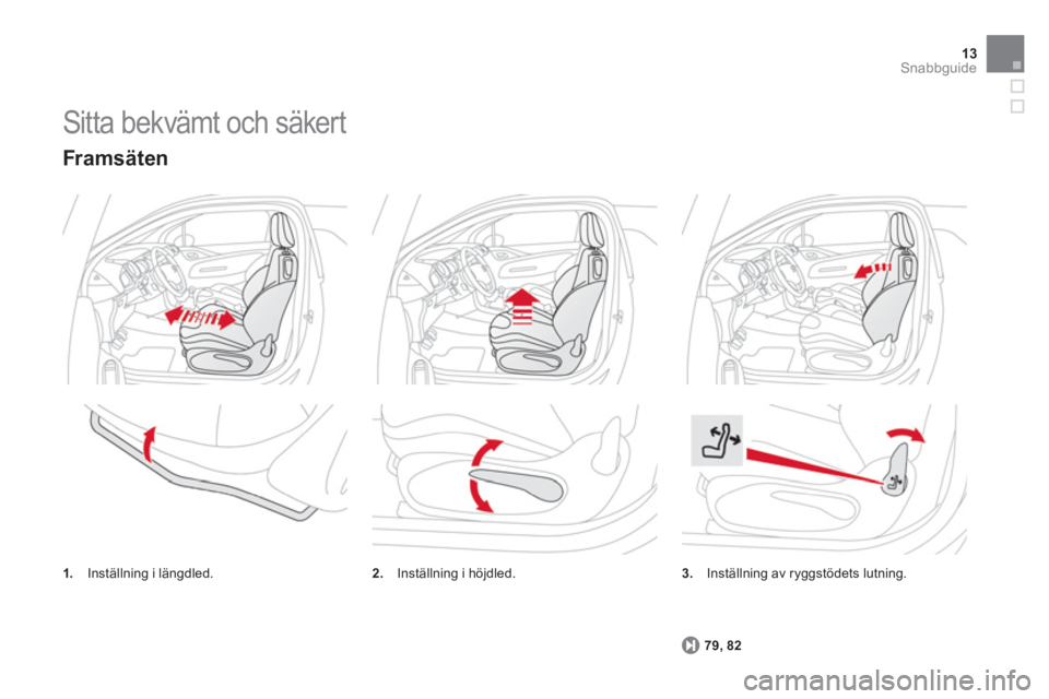 CITROEN DS3 2014  InstruktionsbÖcker (in Swedish) 13Snabbguide
  Sitta bekvämt och säkert 
3.Inställning av ryggstödets lutning.  
79
, 82
   
Framsäten
1. 
 Inställning i längdled.2. 
 Inställning i höjdled. 