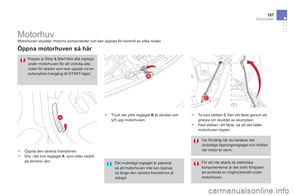 CITROEN DS3 2014  InstruktionsbÖcker (in Swedish) 187
Kontroller
   
 
 
 
 
 
 
 
Motorhuv  
Motorhuven skyddar motorns komponenter och kan öppnas för kontroll av olika nivåer.
 
 
Öppna motorhuven så här 
�)Öppna den vänstra framdörren. �)