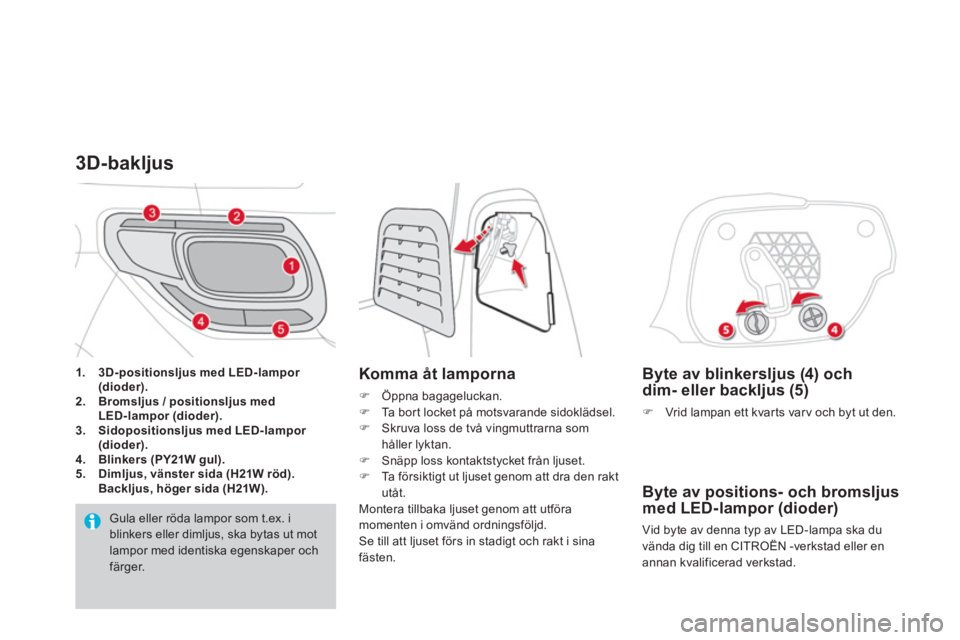 CITROEN DS3 2014  InstruktionsbÖcker (in Swedish)    
Byte av blinkersljus (4) och dim- eller backljus (5) 
�)Vrid lampan ett kvarts varv och byt ut den.
 
 
Byte av positions- och bromsljusmed LED-lampor (dioder)
 
Vid byte av denna typ av LED-lampa