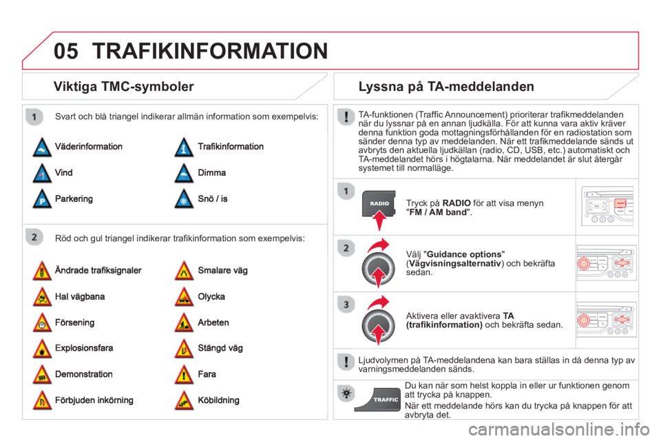 CITROEN DS3 2014 InstruktionsbÖcker (in Swedish) 05TRAFIKINFORMATION
Viktiga TMC-symboler
Röd och gul triangel indikerar trafi kinformation som exempelvis:
Svart och bl trian
gel indikerar allm‰n information som exempelvis:
Lyssna på CITROEN DS3 2014 InstruktionsbÖcker (in Swedish) 05TRAFIKINFORMATION
Viktiga TMC-symboler
Röd och gul triangel indikerar trafi kinformation som exempelvis:
Svart och bl trian
gel indikerar allm‰n information som exempelvis:
Lyssna på