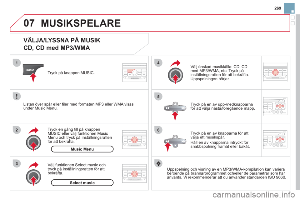 CITROEN DS3 2013 InstruktionsbÖcker (in Swedish) 269
07
3 2 1
6
4
5
VÄLJA/LYSSNA PÅ MUSIK
CD, CD med MP3/WMA
Uppspelning och visning av en MP3/WMA-kompilation kan variera
beroende på brännarprogrammet och/eller de pa CITROEN DS3 2013 InstruktionsbÖcker (in Swedish) 269
07
3 2 1
6
4
5
VÄLJA/LYSSNA PÅ MUSIK
CD, CD med MP3/WMA
Uppspelning och visning av en MP3/WMA-kompilation kan variera
beroende på brännarprogrammet och/eller de pa