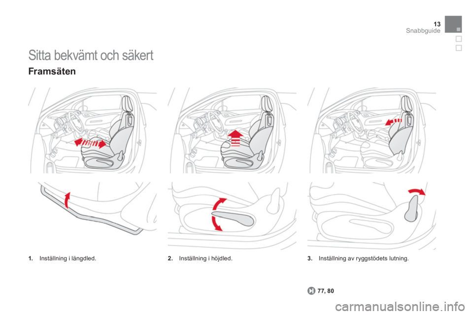 CITROEN DS3 2011  InstruktionsbÖcker (in Swedish) 13Snabbguide
  Sitta bekvämt och säkert 
3.Inställning av ryggstödets lutning. 
   
77
, 80
 
 
Framsäten
1. 
 Inställning i längdled.2. 
 Inställning i höjdled. 