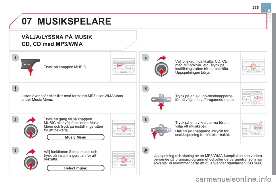 CITROEN DS3 2011 InstruktionsbÖcker (in Swedish) 07
3 2 1
6
4
5
265
VÄLJA/LYSSNA PÅ MUSIK
CD, CD med MP3/WMA
Uppspelning och visning av en MP3/WMA-kompilation kan variera
beroende på brännarprogrammet och/eller de pa CITROEN DS3 2011 InstruktionsbÖcker (in Swedish) 07
3 2 1
6
4
5
265
VÄLJA/LYSSNA PÅ MUSIK
CD, CD med MP3/WMA
Uppspelning och visning av en MP3/WMA-kompilation kan variera
beroende på brännarprogrammet och/eller de pa