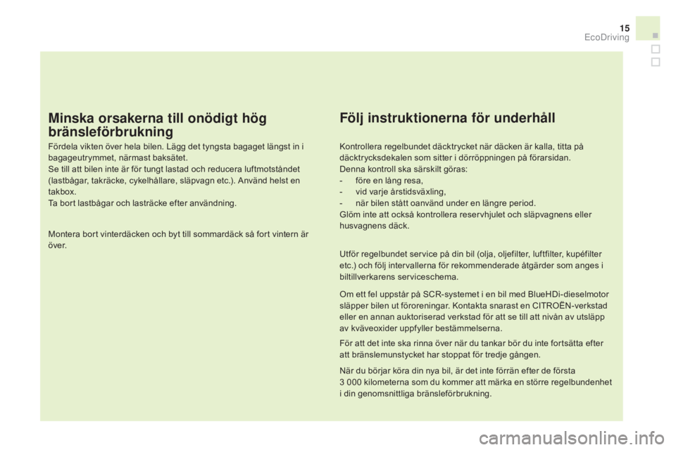 CITROEN DS3 CABRIO 2017 InstruktionsbÖcker (in Swedish) 15
DS3_sv_Chap00c_eco-conduite_ed02-2015
Minska orsakerna till onödigt hög
bränsleförbrukning
Fördela vikten över hela bilen. Lägg det tyngsta bagaget längst in i
bagageutrymmet, närmast ba CITROEN DS3 CABRIO 2017 InstruktionsbÖcker (in Swedish) 15
DS3_sv_Chap00c_eco-conduite_ed02-2015
Minska orsakerna till onödigt hög
bränsleförbrukning
Fördela vikten över hela bilen. Lägg det tyngsta bagaget längst in i
bagageutrymmet, närmast ba
