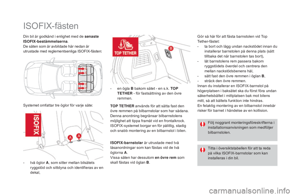 CITROEN DS3 CABRIO 2017 InstruktionsbÖcker (in Swedish) DS3_sv_Chap07_securite-enfants_ed02-2015
Din bil är godkänd i enlighet med de senaste
ISoFIX-bestämmelserna .
De säten som är avbildade här nedan är
utrustade med reglementsenliga ISOFIX-fäs CITROEN DS3 CABRIO 2017 InstruktionsbÖcker (in Swedish) DS3_sv_Chap07_securite-enfants_ed02-2015
Din bil är godkänd i enlighet med de senaste
ISoFIX-bestämmelserna .
De säten som är avbildade här nedan är
utrustade med reglementsenliga ISOFIX-fäs