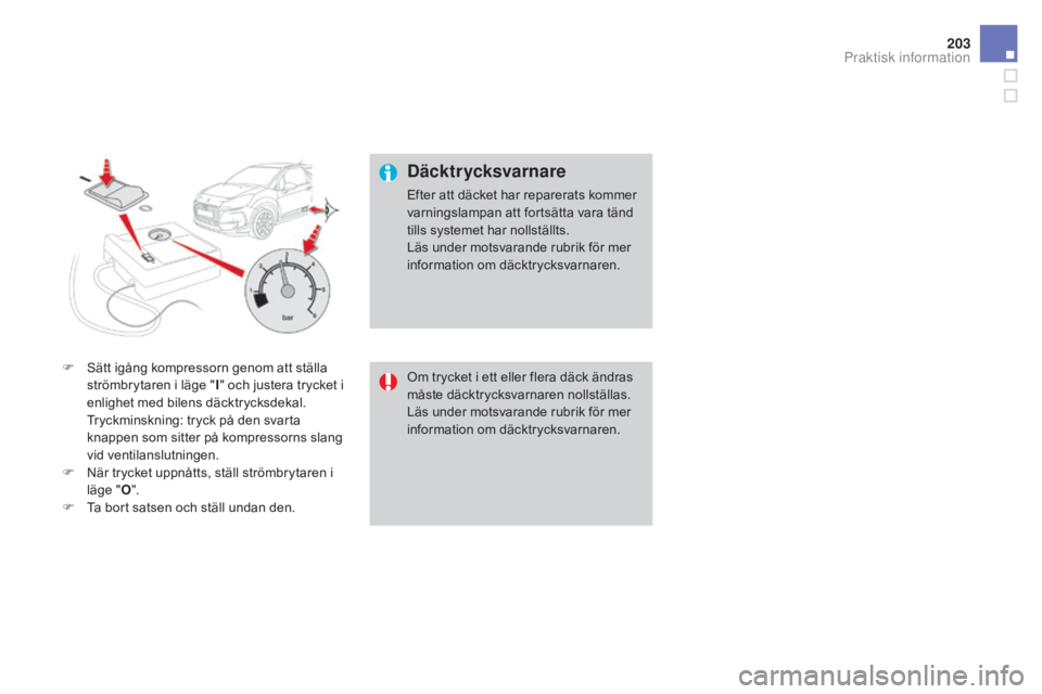CITROEN DS3 CABRIO 2017 InstruktionsbÖcker (in Swedish) 203
DS3_sv_Chap08_info-pratiques_ed02-2015
F Sätt igång kompressorn genom att ställa strömbrytaren i läge " I" och justera trycket i
enlighet med bilens däcktrycksdekal.
T
ryckminskni CITROEN DS3 CABRIO 2017 InstruktionsbÖcker (in Swedish) 203
DS3_sv_Chap08_info-pratiques_ed02-2015
F Sätt igång kompressorn genom att ställa strömbrytaren i läge " I" och justera trycket i
enlighet med bilens däcktrycksdekal.
T
ryckminskni