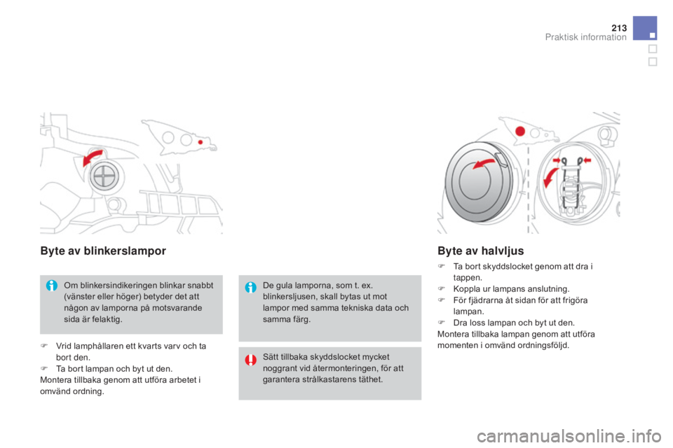 CITROEN DS3 CABRIO 2017 InstruktionsbÖcker (in Swedish) 213
DS3_sv_Chap08_info-pratiques_ed02-2015
Byte av blinkerslampor
Om blinkersindikeringen blinkar snabbt
(vänster eller höger) betyder det att
någon av lamporna på motsvarande
sida är felaktig CITROEN DS3 CABRIO 2017 InstruktionsbÖcker (in Swedish) 213
DS3_sv_Chap08_info-pratiques_ed02-2015
Byte av blinkerslampor
Om blinkersindikeringen blinkar snabbt
(vänster eller höger) betyder det att
någon av lamporna på motsvarande
sida är felaktig