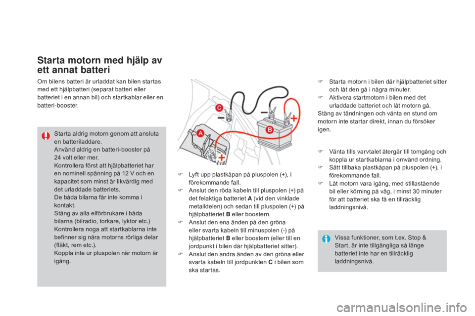 CITROEN DS3 CABRIO 2017 InstruktionsbÖcker (in Swedish) DS3_sv_Chap08_info-pratiques_ed02-2015
Vissa funktioner, som t.ex. Stop &
Start, är inte tillgängliga så länge
batteriet inte har en tillräcklig
laddningsnivå.
Starta aldrig motorn genom att CITROEN DS3 CABRIO 2017 InstruktionsbÖcker (in Swedish) DS3_sv_Chap08_info-pratiques_ed02-2015
Vissa funktioner, som t.ex. Stop &
Start, är inte tillgängliga så länge
batteriet inte har en tillräcklig
laddningsnivå.
Starta aldrig motorn genom att